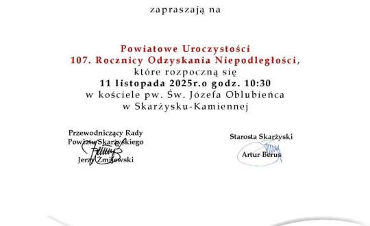 Zapraszamy na Powiatowe Obchody 107. Rocznicy Odzyskania Niepodległości