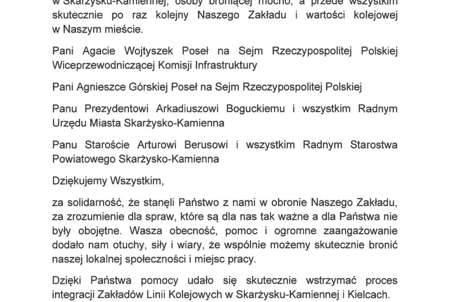 Wspólnie w obronie Zakładów Linii Kolejowych w Skarżysku-Kamiennej 