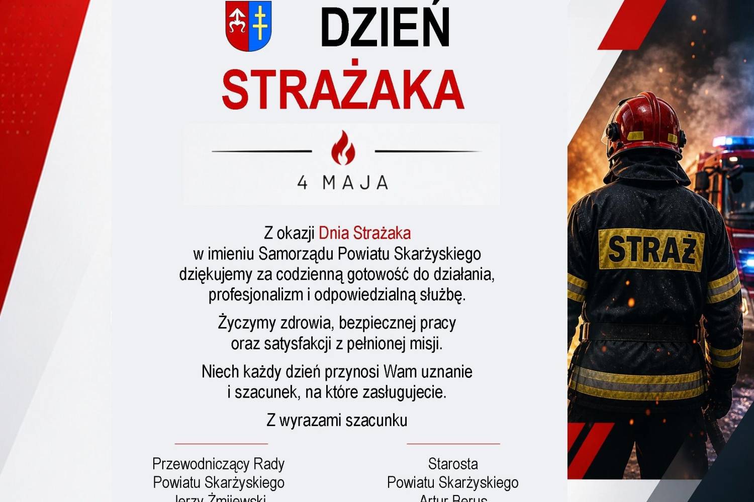 Międzynarodowy Dzień Strażaka - życzenia od Samorządu Powiatu Skarżyskiego 