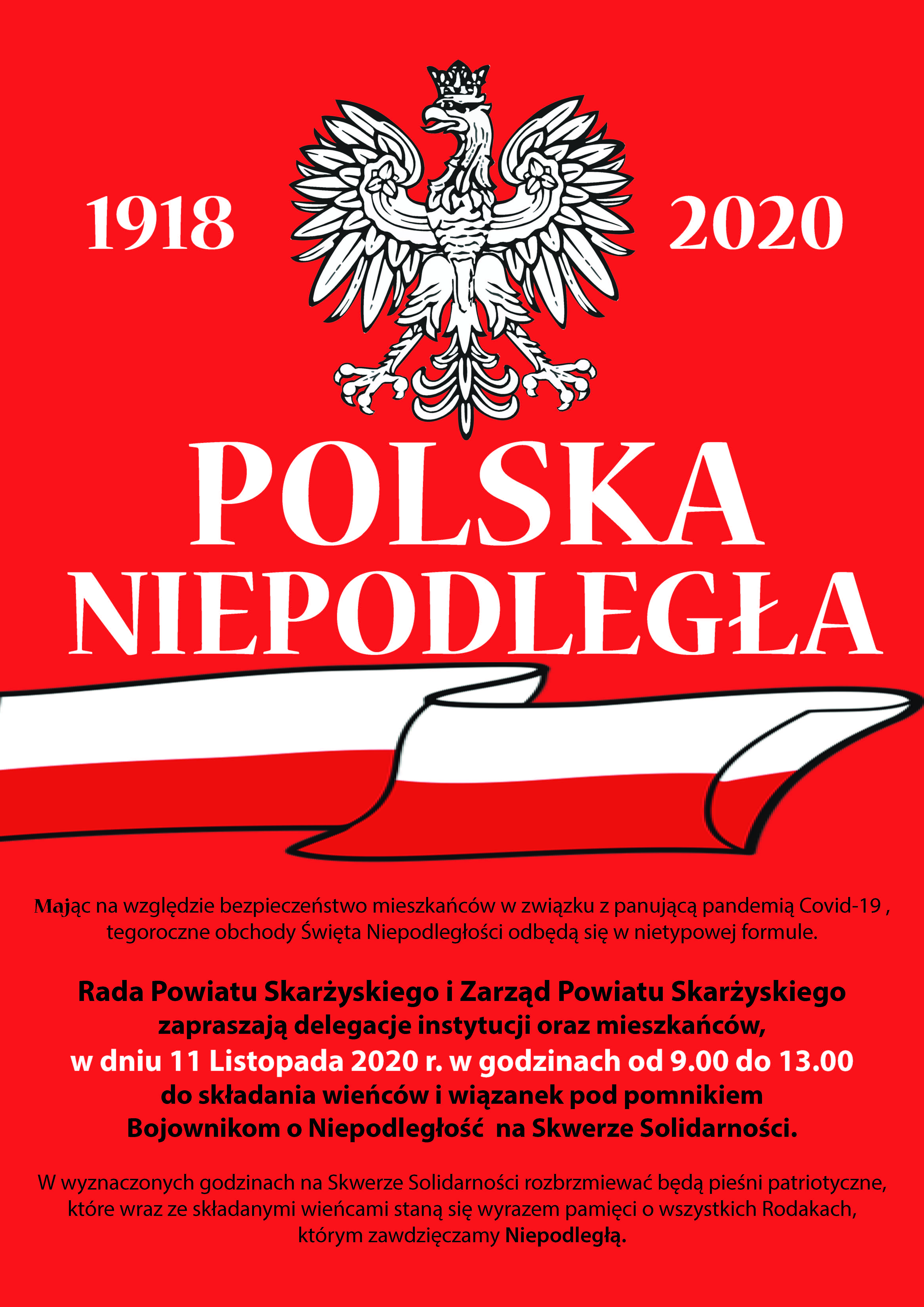 Plakat zawierający zaproszenie na 11 Listopada o treści jak w tekście. 