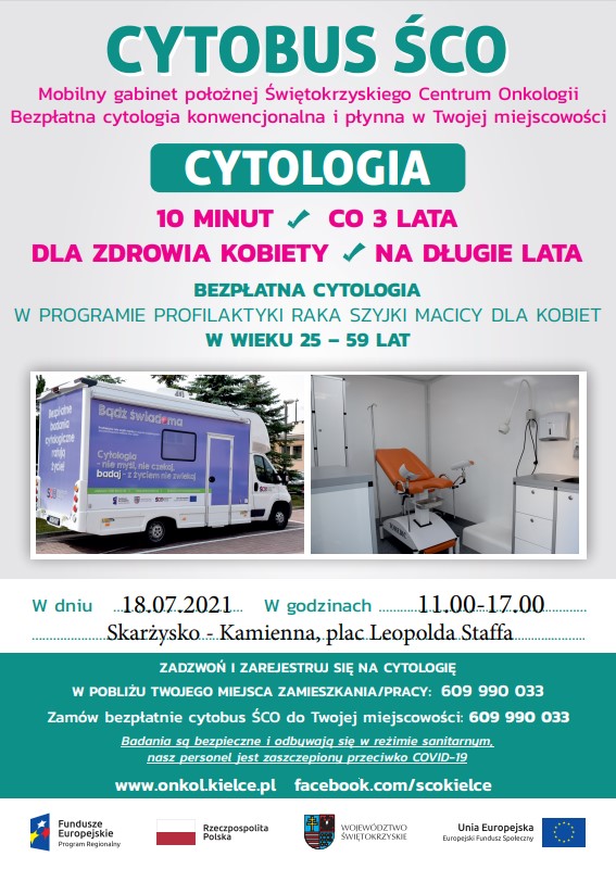 Cytobus w Skarzysku 18 07 plakat informujący o bezpłatnych badaniach