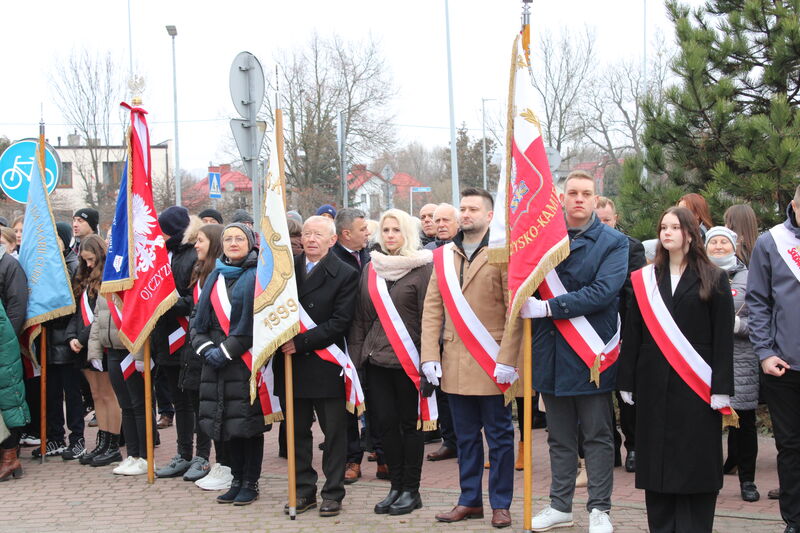 Poczty sztandarowe pod pomnikiem Bojownikom o Niepodległość. 