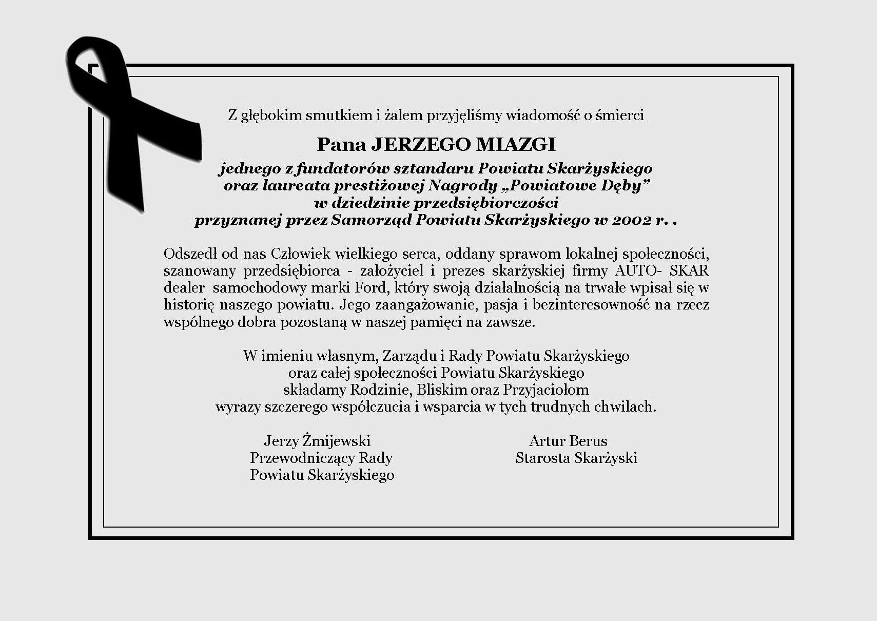 KONDOLENCJE P JERZY MIAZGA