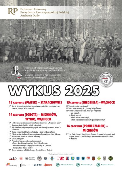 Plakat informujacy o uroczystościach Wykusowych 2025, które odbedą się od 13 do 16 czerwca 2025 w starahowicach, Michniowie, w Wąchocku oraz na Polanie wykusowej. 