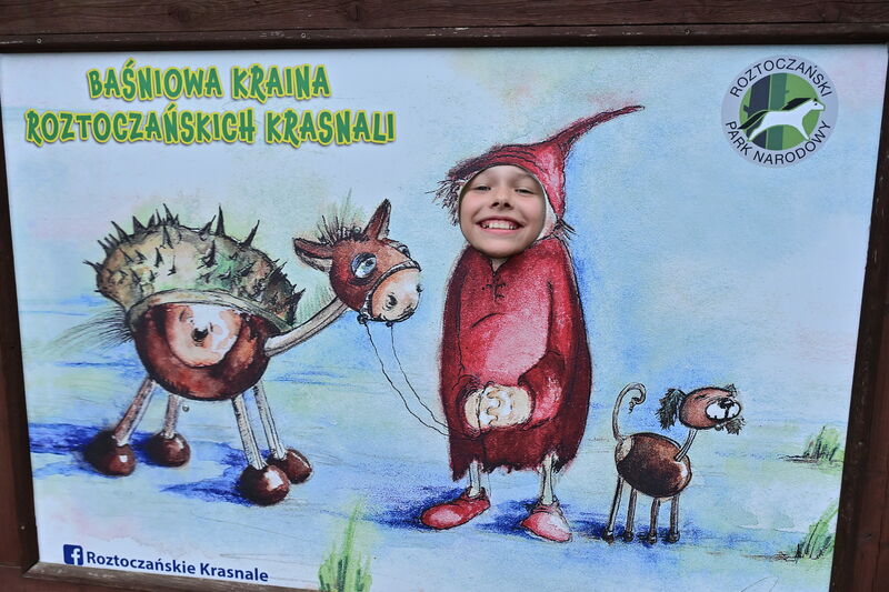 dziewczynka wyglądająca przez otwór w ściance do zdjęć z bajkową postacią krasnala