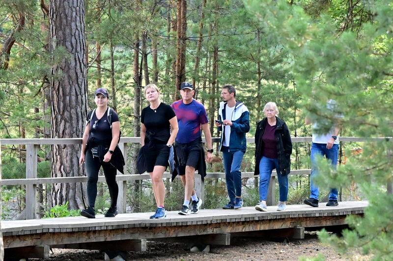 grupa ludzi spacerująca po drewnianej kładce w Parku Roztoczańskim